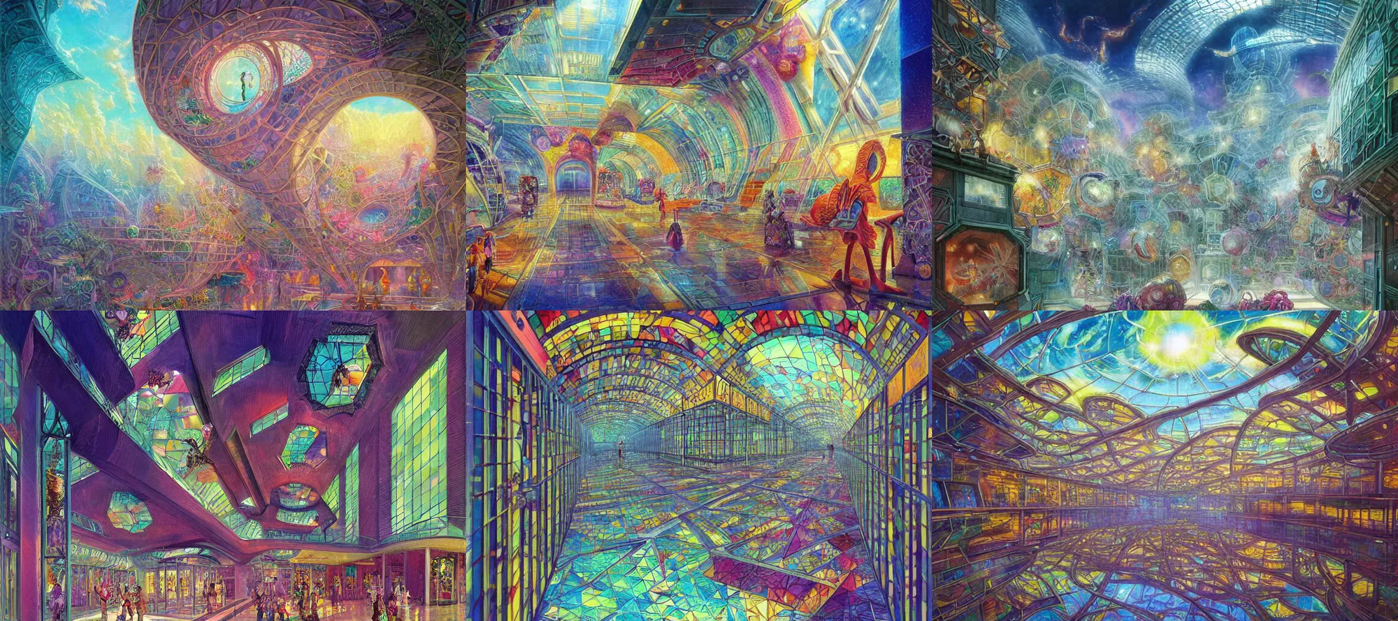Prompt: nanotech crystalline shopping mall in a brilliant artificial dream | introspective meandering sci - fi fantasy endless aisle of doorways and window shopping | abstract impressionist colored - pencil drawing by thomas cole, terese nielsen, and edvard escher guay, magically shaped surrealism, trending on artstation