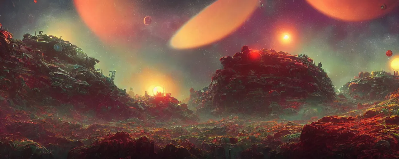 Image similar to ” outer planet landscape, [ cinematic, detailed, epic, widescreen, opening, establishing, mattepainting, photorealistic, realistic textures, octane render, art by paul lehr ] ”