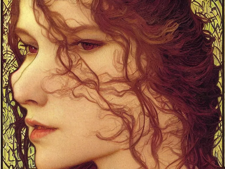 Image similar to detailed realistic beautiful young medieval queen face portrait by jean delville, alphonse mucha, vincent van gogh, and marco mazzoni, art nouveau, symbolist, visionary, gothic, pre - raphaelite
