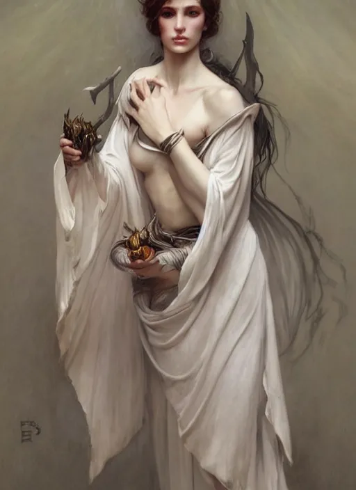 Prompt: demon white horned, feminine, elegant, wearing a long coat, hyper realistic, extremely detailed, dnd character art portrait, fantasy art, dramatic lighting, vivid colors, artstation, by edgar maxence and caravaggio and michael whelan and delacroix, lois van baarle and bouguereau