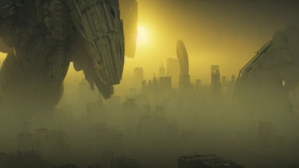 Prompt: giant insects crush a city, film still from the movie directed by Denis Villeneuve with art direction by Zdzisław Beksiński, close up, low angle, golden hour