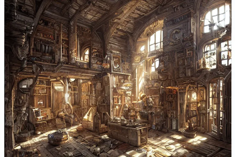 Image similar to A carpenters shop viewed from the inside, texture, intricate, details, highly detailed, masterpiece, architecture, building, trending on artstation, focus, sharp focus, concept art, digital painting, fantasy, sunny, day, midday, in the style of Dungeons and Dragons