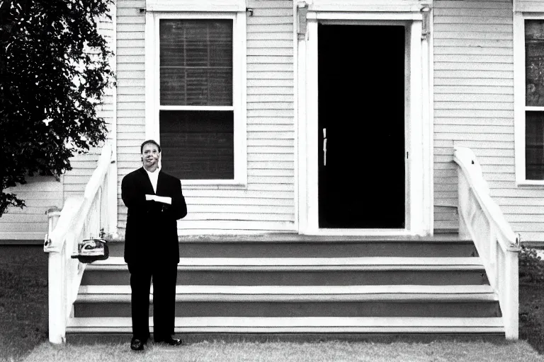 Image similar to cinematic film still from 1994 film: portly clean-shaven white man wearing suit and necktie standing on the front porch of his house. XF IQ4, f/1.4, ISO 200, 1/160s, 8K, RAW, dramatic lighting, symmetrical balance, in-frame