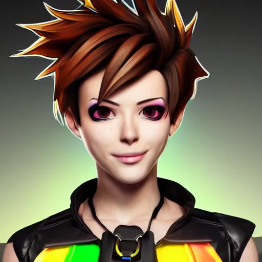 Image similar to portrait bust digital artwork of tracer overwatch, wearing black iridescent rainbow latex tank top, 4 k, expressive happy smug expression, makeup, in style of mark arian, angel wings, wearing detailed black leather collar, chains, black leather harness, detailed face and eyes,
