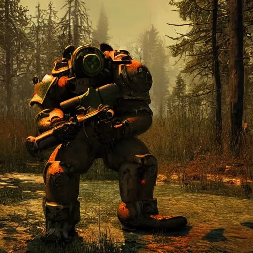 Image similar to Zombie bear vs a man in power armor with a minigun in his hands against the background of a radioactive forest, graphics, fallout 4 render, 3d computer render, maximum details, rain, night, spotlight,