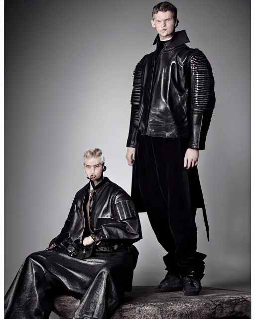 Prompt: a fashion editorial photo of a charcoal extremely baggy short ancient medieval designer menswear leather jacket with an oversized collar and baggy bootcut trousers designed by alexander mcqueen, 4 k, studio lighting, wide angle lens