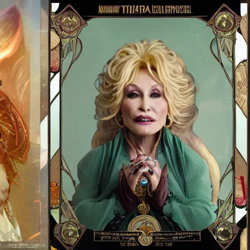Image similar to an ultra detailed tarot card of dolly parton as a necromancer, d & d, epic fantasy, concept art by alphonse mucha and greg rutkowski, octane render, 8 k, detailed face