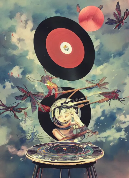 Image similar to surreal gouache painting, by yoshitaka amano, by ruan jia, by Conrad roset, by good smile company, detailed anime 3d render of a Magical flying Vinyl records , DJ Mixer, deck surrounded by Dragonfly,flying Vinyl records, controller, portrait, cgsociety, artstation, rococo mechanical and Digital and electronic, dieselpunk atmosphere