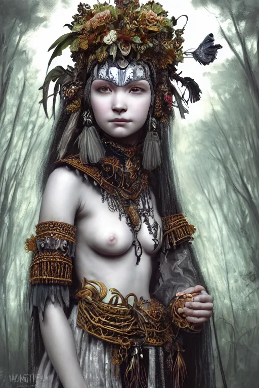 Image similar to A masterpiece ultrarealistic portrait of a Irristible angel princess tribal-shaman-knight-witch-ghost with Skull Iron mask. baroque renaissance girl in the night forest. medium shot, intricate, elegant, highly detailed. trending on artstation, digital art, by Stanley Artgerm Lau, WLOP, Rossdraws, James Jean, Andrei Riabovitchev, Marc Simonetti, Yoshitaka Amano. background by James Jean and Gustav Klimt, light by Julie Bell, 4k, porcelain skin.