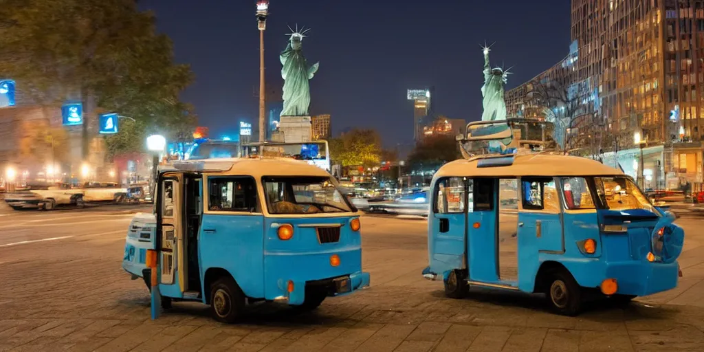 Image similar to a lonely blue tuk tuk with the statue of liberty in the background, night, full color