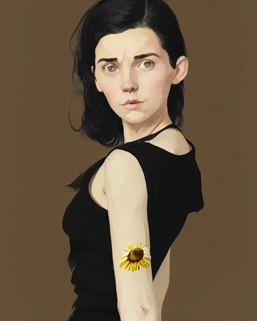 Image similar to cottagecore hyper - realistic portrait of a woman in black sleeveless t - shirt, black hair, persian daisy, by atey ghailan, by greg rutkowski, by greg tocchini, by james gilleard, by joe fenton, by kaethe butcher, dynamic lighting, gradient light yellow, brown, blonde cream and white color scheme, grunge aesthetic