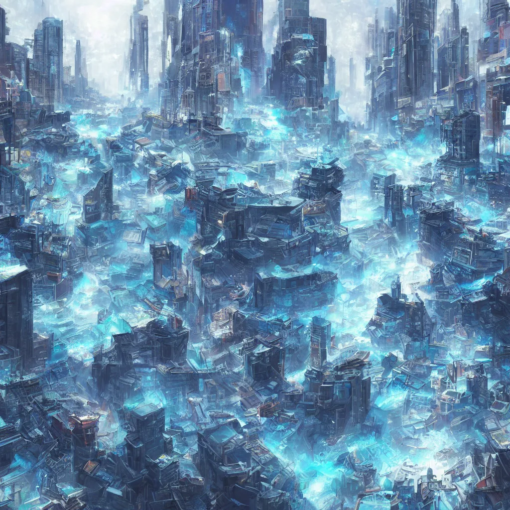 Image similar to Concept art of an urban city getting magically shredded into blue particles, trending on artstation, oil on canvas, vivid color, ultra detailed.