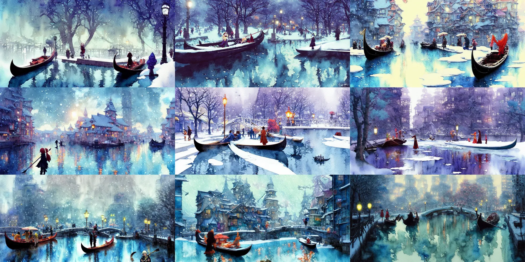 Prompt: anime movie scene, characters, waterway, fantasy. gondola boat, amazing composition, colorful watercolor, reflections, by ruan jia, by maxfield parrish, by koji morimoto, by hikari shimoda, by sparth, by bumskee, illustration, gloomy, statues!!!!, snow, ice, winter