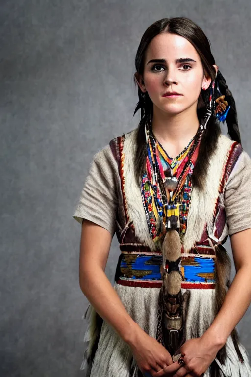 Image similar to Photo of Native American indian woman Emma Watson, portrait, skilled warrior of the Apache, ancient, realistic, detailed, Emma Watson