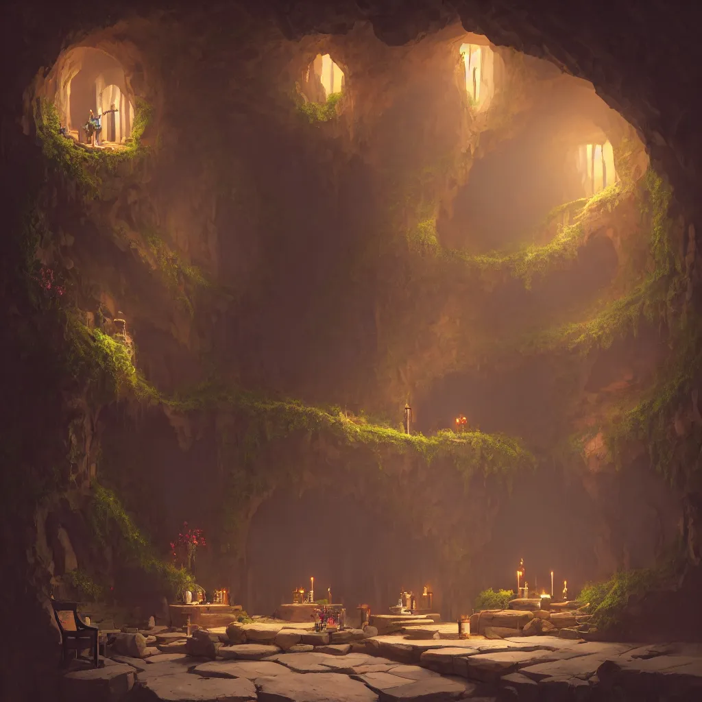 Image similar to secret overwatch common area carved inside a cave, doors to various bedrooms, sheltered, magical, natural light, huge central tree, flowers, candle light, cinematic lighting, clean lines, cozy, fantasy, minimalist architecture, sharp focus, concept art, octane render 4 k, artstation, by greg rutkowski