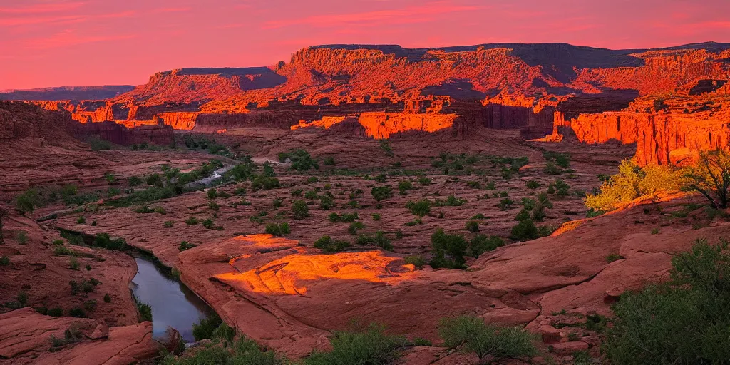 Image similar to “a river bend running through a canyon surrounded by desert mountains at sunset, moab, utah, a tilt shift photo by Frederic Church, trending on unsplash, hudson river school, photo taken with provia, national geographic photo”