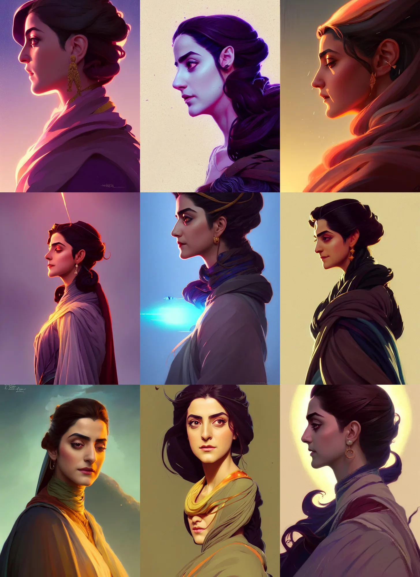 Prompt: side profile centered painted portrait, Maya Ali as a storm sorcerer, D&D, matte painting concept art, beautifully backlit, official fanart, 4k, HDR, Trending on artstation, Behance, art nouveau, by Mucha and ilya kuvshinov and Cushart Krentz and Gilleard James