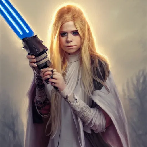 Prompt: perfect drawing of avril lavigne wearing white cloak holding light saber, intricate, highly detailed, digital painting, artstation, concept art, smooth, sharp focus, illustration, unreal engine 5, 8 k, art by artgerm and greg rutkowski and alphonse mucha