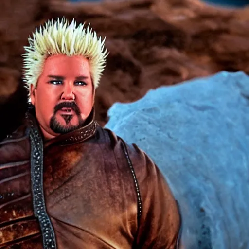 Prompt: Guy Fieri as a Fremen in Dune barbecuing, blue eyes, stillsuit, cinematic, panavision 65mm film