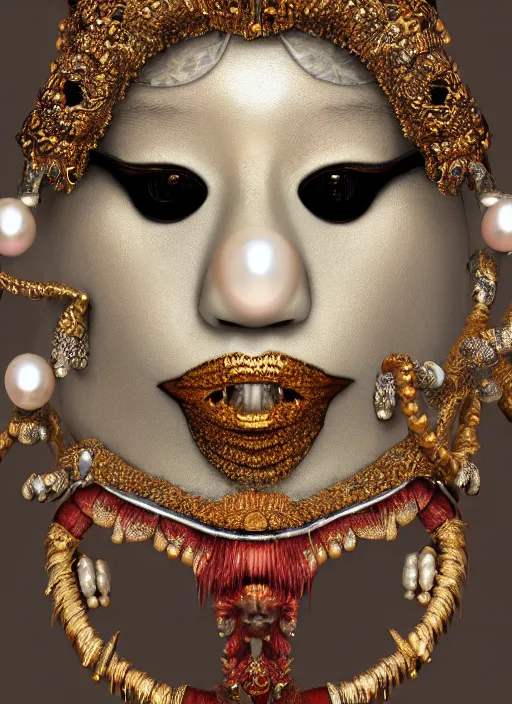 Image similar to hyperrealism, detailed textures, award winning autochrome photo, symetrical japanese pearl, old screaming voodoo pearl priest, autochrome pearl portrait, pearl silverplate, intricate, detailed facial pearl scary animal mask, pearl, golden jewelery, silverplate, ultra realistic, cinematic, intricate, cinematic light by steve mccurry, unreal engine 8 k