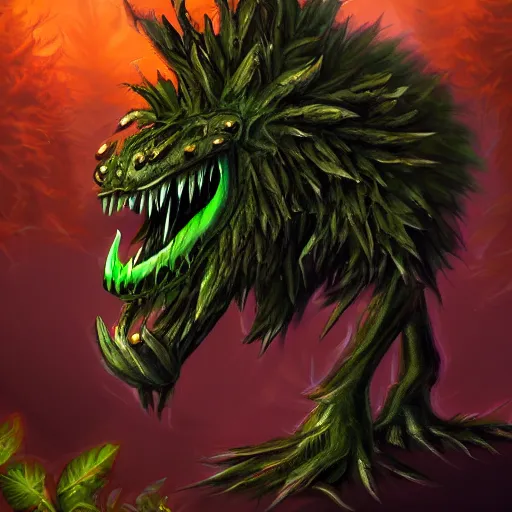 Image similar to A fierce plant monster with amber eyes, trending on art station