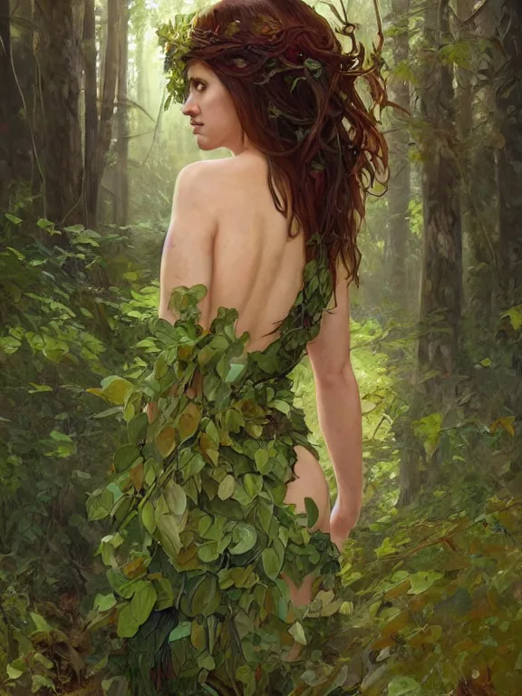 Prompt: portrait of a forest mage, looking from behind, looking at camera, female, delicated facial features, dress made of green leaves, gorgeous, green hair, brown skin, curves, shapely derriere, forest background, highly detailed, digital painting, artgerm and greg rutkowski and alphonse mucha