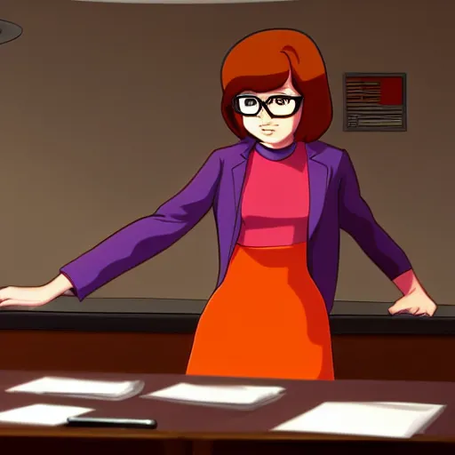Image similar to Velma Dinkley from Scooby Doo in court for falsely accusing someone of being a criminal. Pixiv, artstation