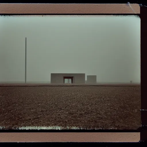 Image similar to impossibly large concrete structure in the distance, middle of nowhere, minimalist architecture, megalophobia, top obscured by fog, old polaroid, expired film,
