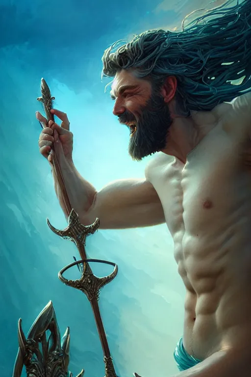 Image similar to highly detailed close up portrait of god poseidon holding trident, stephen bliss, unreal engine, fantasy art by greg rutkowski, rhads, ferdinand knab, makoto shinkai and lois van baarle, ilya kuvshinov, rossdraws, tom bagshaw, global illumination, radiant light, detailed and intricate environment