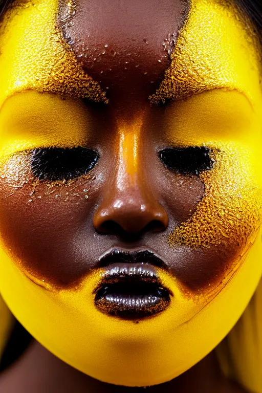 Prompt: The face of a beautiful girl with honey dripping down her black face with bees clinging to it. yellow and dark shades. Close-up portrait in profile