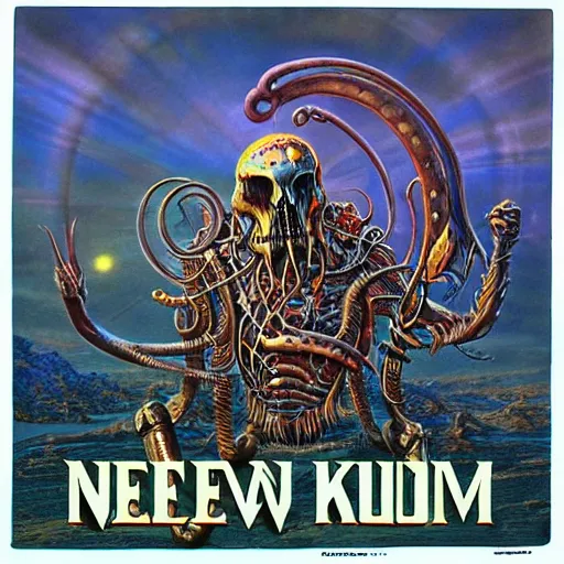 Prompt: NWOBHM metal album cover in the style of Bruce Pennington and kenny scharf and mark arian, realistic, insanely detailed, soft, smooth, airbrush, play-doh, wet, slimy