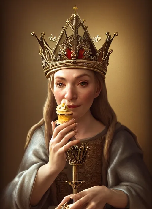 Image similar to highly detailed closeup, low - poly hands, portrait of a medieval cleric wearing a crown and sitting on a throne eating cakes, unreal engine, nicoletta ceccoli, mark ryden, earl norem, lostfish, global illumination, god rays, detailed and intricate environment