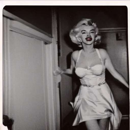 Image similar to A creepy polaroid photo of marilyn monroe chasing you down a hallway