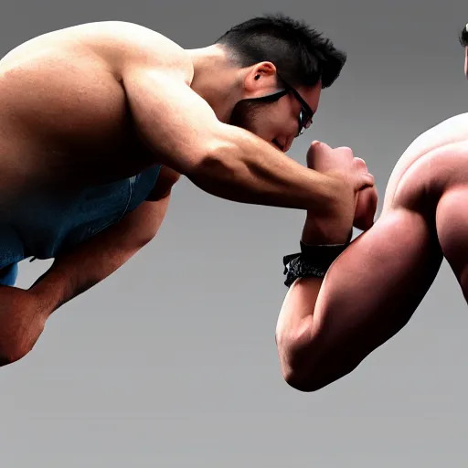 Image similar to markiplier kissing a buff guy, dslr, 8 k, octane beautifully detailed render, cold lighting, cinematic lighting, detailed photo, masterpiece, volumetric lighting, ultra realistic, highly detailed, high quality, lossless, photorealistic