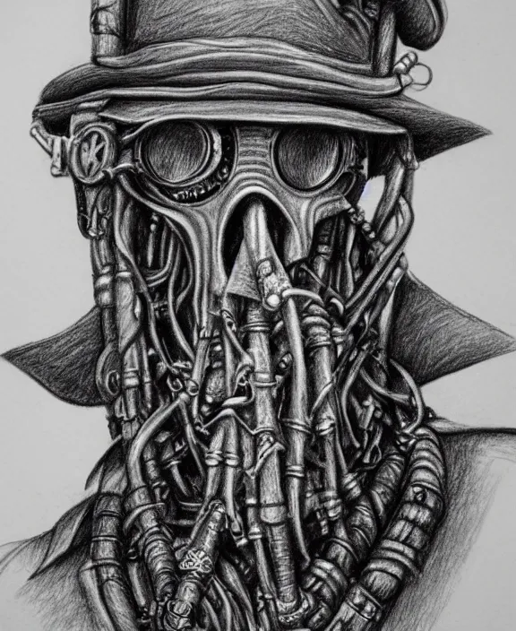 Prompt: a detailed pencil drawing of a steampunk davy jones