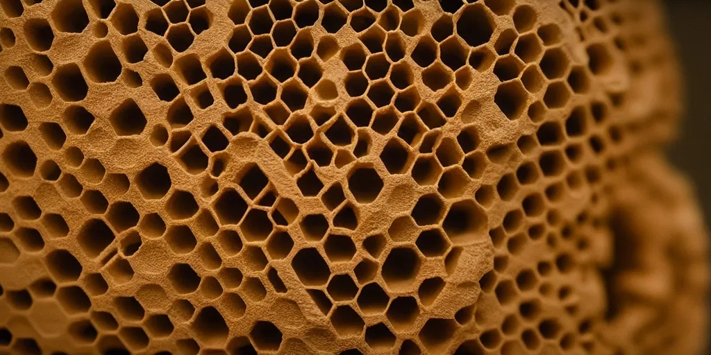 Image similar to a strange huge honeycomb asymmetric melting vases in the white room, film still from the movie directed by denis villeneuve with art direction by zdzisław beksinski, close up, telephoto lens, shallow depth of field