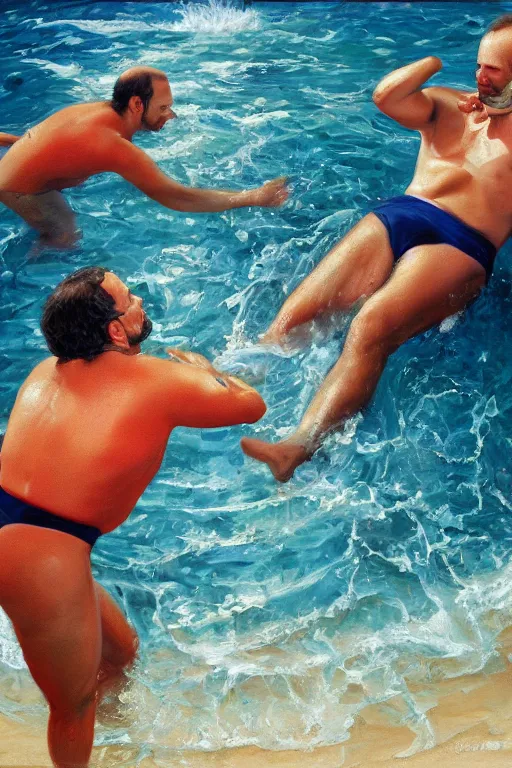 Prompt: george costanza being saved by a life guard, oil on canvas, intricate, portrait, 8 k highly professionally detailed, hdr, cgsociety