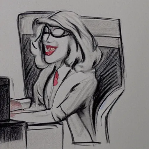 Image similar to courtroom sketch of lady gaga in the witness stand pointing at the hamburgler