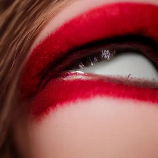 Prompt: close up of Ann Taylor Joy putting on red makeup in mirror, blonde, thin dof, film photo, anamorphic, dramatic lighting