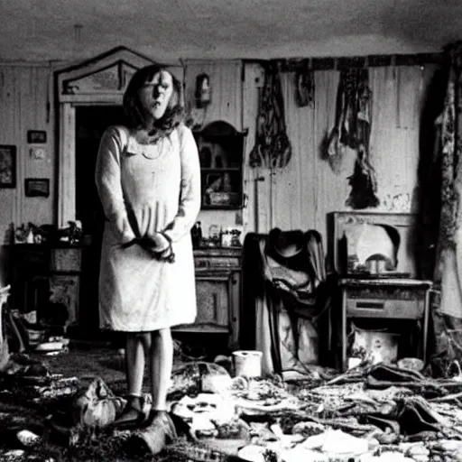 Prompt: a woman with adhd - ip bows her head as she stands in her messy house. folk horror. detailed.