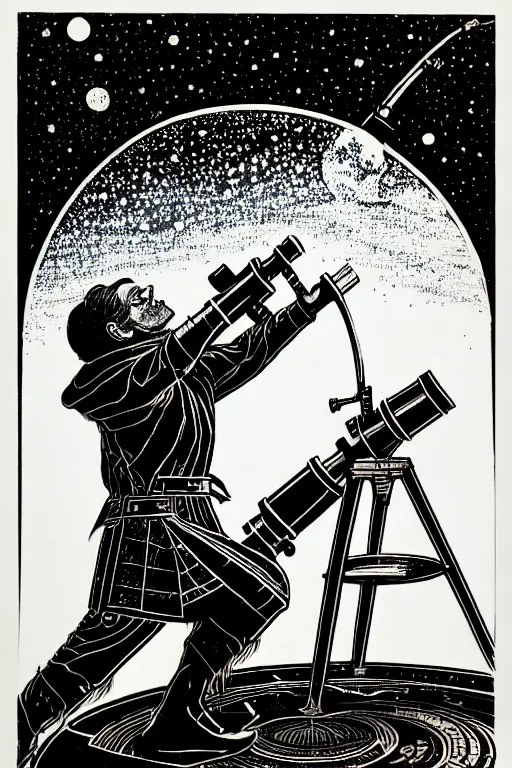 Image similar to wizard looking into a telescope, high details, intricately detailed, by vincent di fate, inking, 3 color screen print, masterpiece, trending on artstation,, sharp, details, hyper - detailed, hd, 4 k, 8 k