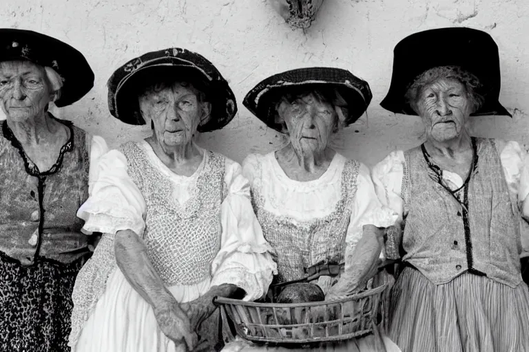 Prompt: close up of three old women from brittany with hats in white lace and folk costumes in a kitchen. they look visibly angry