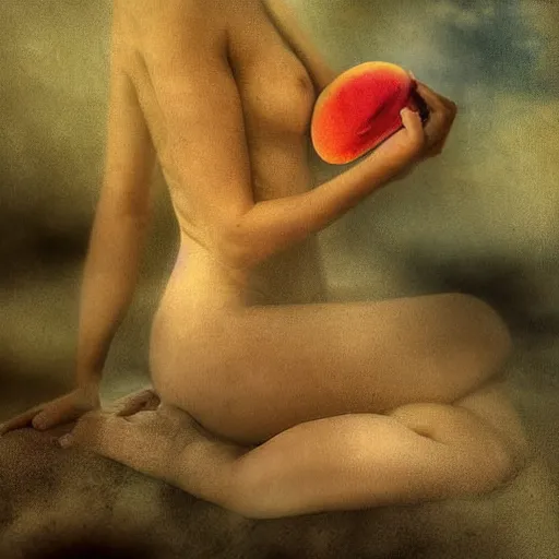 Image similar to A beautiful photograph. In the dream, she is eating a peach, on Venus. The flesh is sweet and juicy, slightly bitter. It mingles with Sydan's taste in a delicious way. by Mark Lovett evocative, elaborate