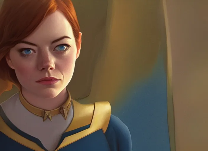 Image similar to a disney film still of emma stone as a star trek officer, finely detailed features, closeup of the face, perfect art, dusk, blue hour, gapmoe yandere grimdark, trending on pixiv fanbox, painted by greg rutkowski, makoto shinkai, takashi takeuchi, alphonse mucha, akihiko yoshida