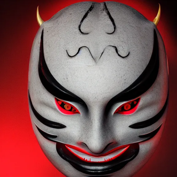 Image similar to a black hannya (般若) mask, kintsugi, dramatic angle, ornate, details, smooth, sharp focus, illustration, realistic, cinematic, artstation, award winning, rgb , unreal engine, octane render, cinematic light, macro, depth of field, blur, red light, 8K,