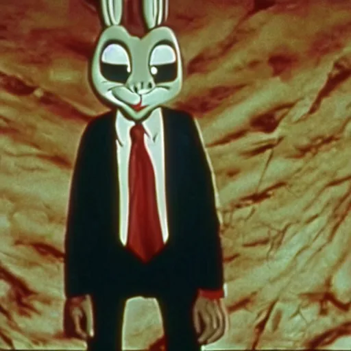 Prompt: Film still of Bugs Bunny in Twin Peaks (1990 TV Series, David Lynch), eerie, ominous, the black lodge (Twin Peaks)