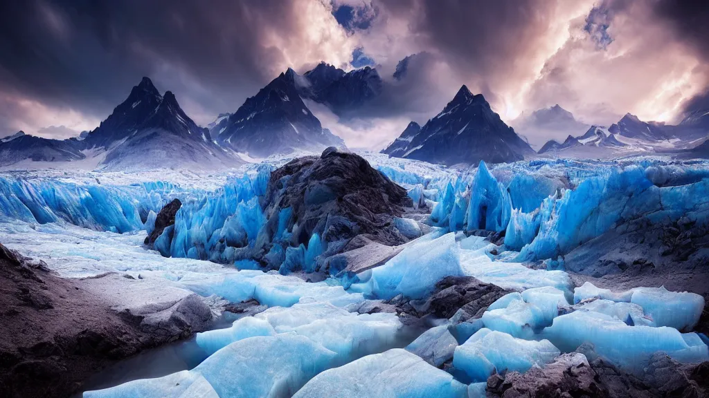 Image similar to amazing landscape photo of a glacier by marc adamus, beautiful dramatic lighting