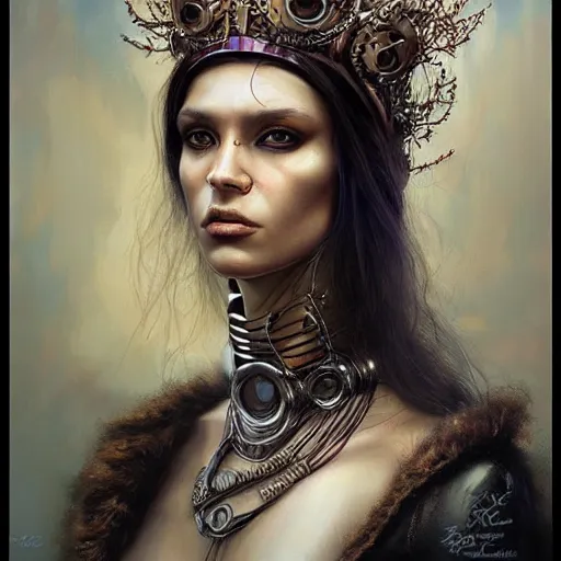 Prompt: A detailed portrait of a cyberpunk queen with machine crown by tomasz alen kopera, trending on artstation,