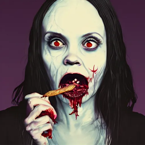 Image similar to zombie christina ricci eating a clove of garlic, art by beeple