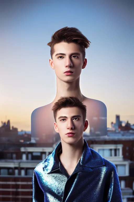 Image similar to un ultra high definition studio quality photographic art portrait of a young man standing on the rooftop of a british apartment building wearing soft baggy inflatable padded silver iridescent pearlescent clothing. three point light. extremely detailed. golden ratio, ray tracing, volumetric light, shallow depth of field. set dressed.